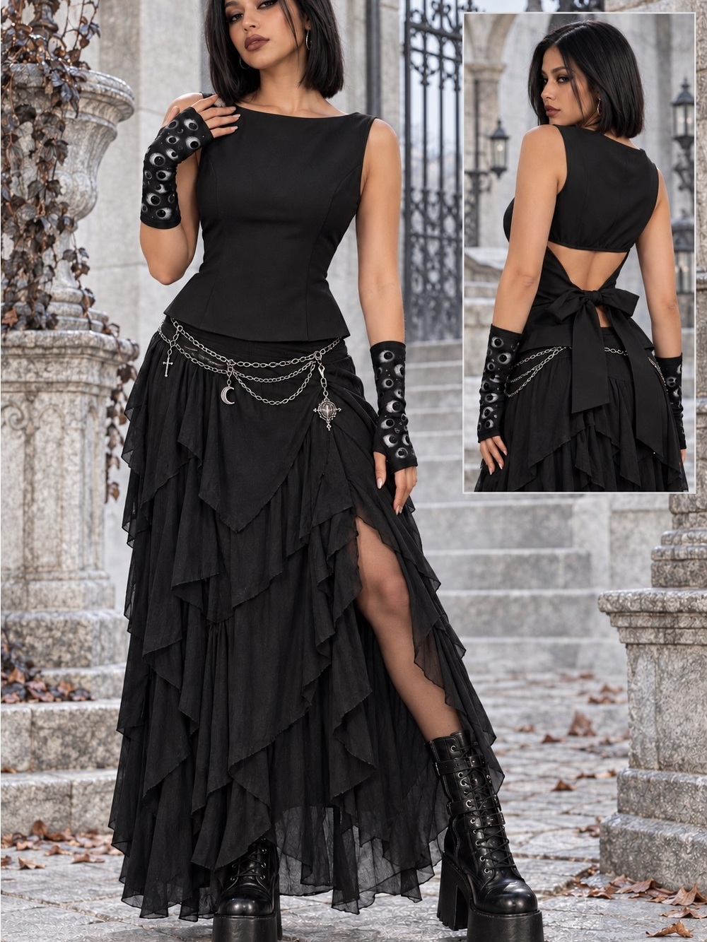 Black Gothic Ruffle Back-Tie Peplum Top